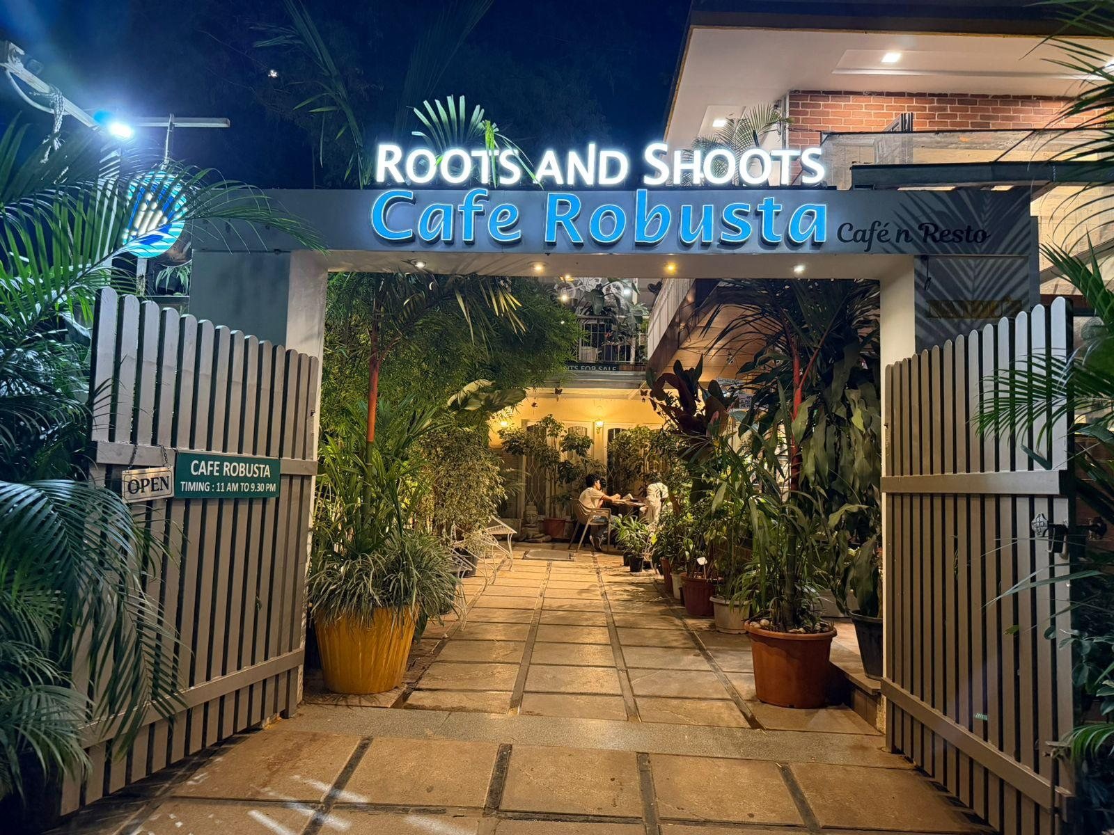 The entrance at night