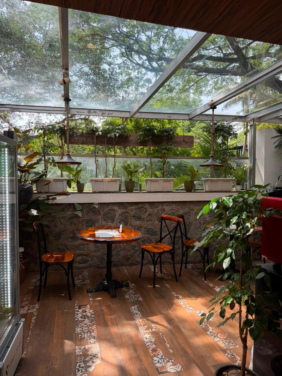 Seating under the glass roof at Cafe Robusta